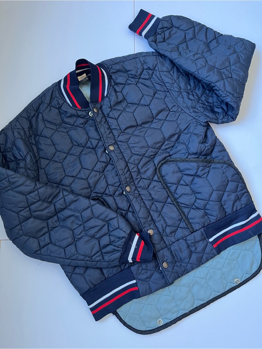 Vintage Neutral Gender Navy Quilted Bomber Jacket
